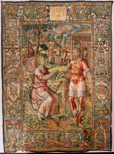 Bispedømmemuseum (Museo Diocesano). flamsk billedvev. Brussel. Atelier François Geubels. Serien Story of Gideon. Gideon og engelen (Gedeón y el ángel). Silke og ull. Legat fra biskop Vicente Roca de la Serna. Barokk. 1534-1571, i katedralen siden av Maerten van Heemskerck