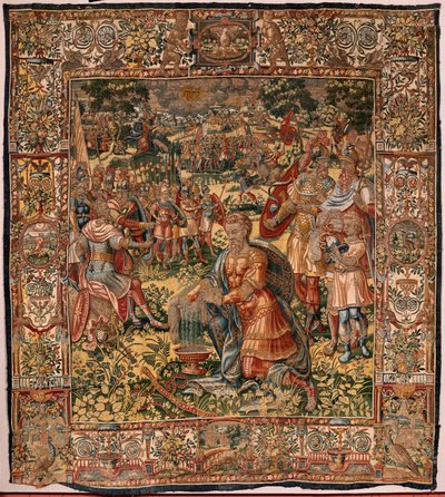 Bispedømmemuseum (Museo Diocesano). flamsk billedvev. Brussel. Atelier François Geubels. Serien Story of Gideon. Miraklet med ullfleece (Prueba del vellón de lana). Silke og ull. Legat fra biskop Vicente Roca de la Serna. Barokk. 1534-1571, dvs av Maerten van Heemskerck