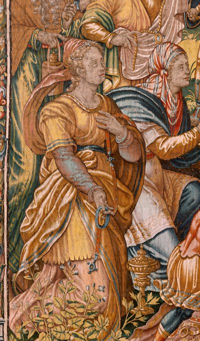 Bispedømmemuseum (Bispedømmemuseum). flamsk billedvev. Brussel. François Geubels verksted. Serien Historien om Gideon. Israelittene overlater sin del av byttet til Gideon. Silke og ull. Legat av Bisho av Maerten van Heemskerck
