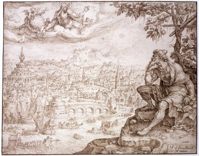 Jonah, Sittende under kalebassen, overveier byen Nineve, 1566 (penn og brunt blekk innskåret med en pekepenn på papir) av Maerten van Heemskerck