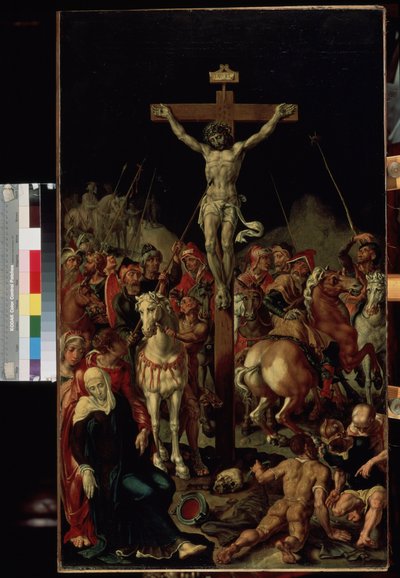 ""Golgata"" (Golgata) Korsfestelsen. Inskripsjon ""INRI"" på korset. Sentralt panel av en triptyk. Maleri av Maarten van Heemskerck (Maerten Heemskerk van Veen) (Marten, Martin) (1498-1574) 1545-1550 Mål 100,7x58,3 cm Eremitagemuseet, Sain av Maerten van Heemskerck