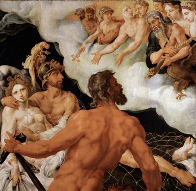 Mars og Venus fanget i Vulcans nett - Mars og Venus fanget i Vulcans nett - Maarten Jacobsz van Heemskerck (1498-1574). Olje på tre, ca.1540. Størrelse: 96x99cm. Kunsthistorisk museum, Wien av Maerten van Heemskerck