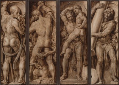 Saturn fortærer et barn; Hercules Slaying the Hydra; Hercules Lifting Antaeus; Hercules reiser søylene i Calpe og Abyla av Maerten van Heemskerck