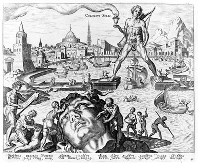 The Colossus of Rhodes, plate 4 fra The Eight Wonders of the World, eng. Philips Galle, 1572 av Maerten van Heemskerck