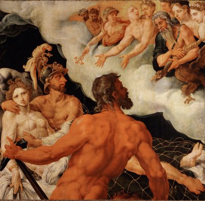 Vulkan fanget Venus og Mars i et nett og viser dem til de leende gudene (maleri på eik) av Maerten van Heemskerck