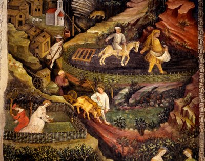Arbeid i felt, detalj fra oktober måned, månedenes syklus av Maestro (attr. to) Venceslao