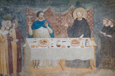 The Miracle of St Guido: Den salige abbeden gjør vann til vin før Gebeardo, erkebiskopen av Ravenna, refektorium (fresco) av Maestro di Tolentino (attr.to)