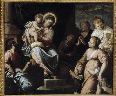 Jomfruen har barnet omgitt av teologiske dyder Allegori om tro, esperanse og nestekjærlighet av Maffeo da Verona
