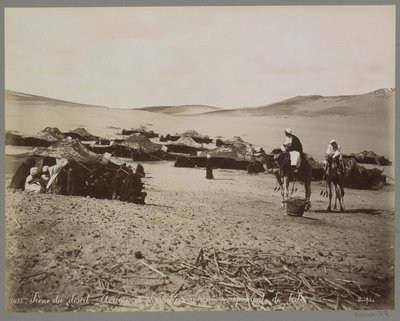 Leir med telt og kameler i (antagelig) Egypts ørken Scene du desert: Arrivée de chameliers à un campement de tribu. (tittel på objekt) av Maison Bonfils