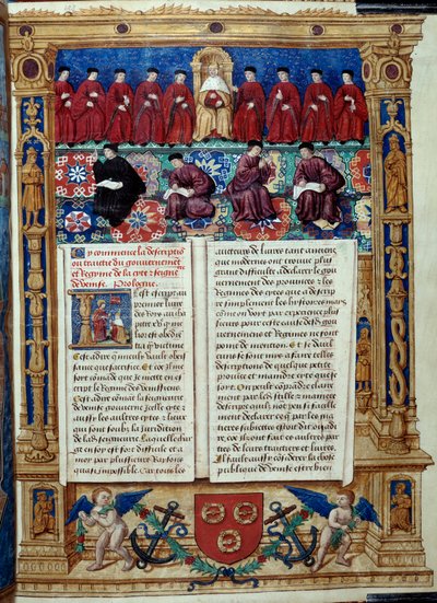 Council of Ten The Doge er i sentrum. Side hentet fra en beskrivelse eller avtaler med regjeringen og regimet til byen og seigneuriet i Venezia realisert av admiral Louis Malet de Graville, opplyst av mesteren til Philip de Geldre (1500-tallet) av Maitre de Philippe de Gueldre