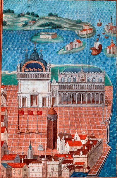 Utsikt over Markusplassen med Dogepalasset i Venezia”” Miniatyr hentet fra “” Beskrivelse eller omhandler regjeringen og regimet i byen og overherredømmet i Venezia””” av Mesteren av Philip de Geldre (1467-1547) Chantilly , Musee Conde av Maitre de Philippe de Gueldre