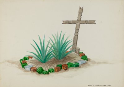 Barnegrav med trekors - flaskedekorasjoner, ca. 1937. av Majel G. Claflin