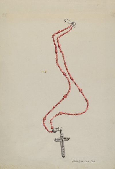 Korallperler og krusifiks, ca. 1937. av Majel G. Claflin