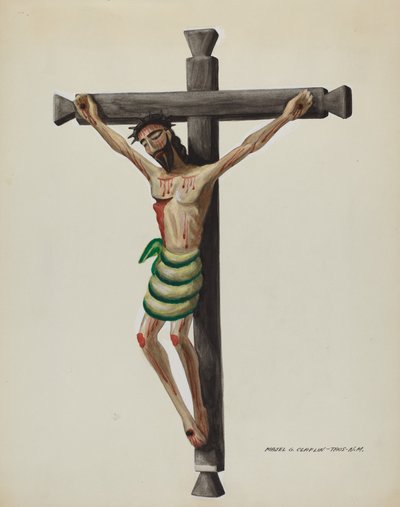 Cristo, utskåret og malt, på svart utskåret trekors, ca. 1937. av Majel G. Claflin
