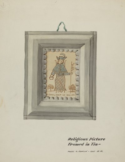 Håndtegnet Santo Nino de Atocha-håndlaget tinnramme, ca. 1937. av Majel G. Claflin