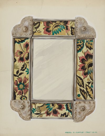 Speil, innrammet med veggpapirpaneler, kantet i tinn, ca. 1938. av Majel G. Claflin
