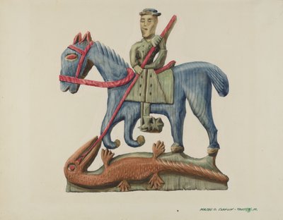 Saint George & the Dragon, skåret ut av plankesnitt - malt, ca. 1938. av Majel G. Claflin