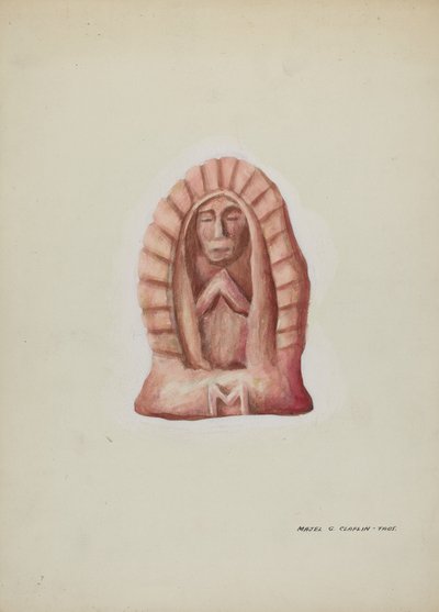 Liten statue av Guadalupe skåret i stein, ca. 1937. av Majel G. Claflin