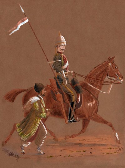 Trooper of the 9th Lancers rir, med en afghansk soldat løpende ved siden av hesten sin av Major General R.G. Woodthorpe