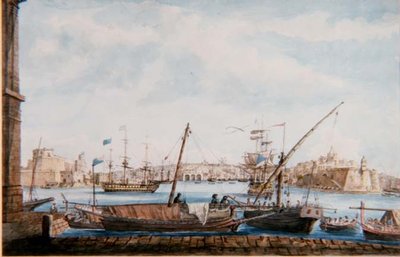 Utsikt over Galienes havn fra Valetta Side, ca. 1800 (blyant og akvarell) av Major James of Tolcross Weir