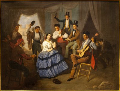 Danser i et karnevalshus. Maleri av Manuel Cabral Bejarano (1827-1891), olje på lerret av Manuel Cabral y Aguado Bejarano