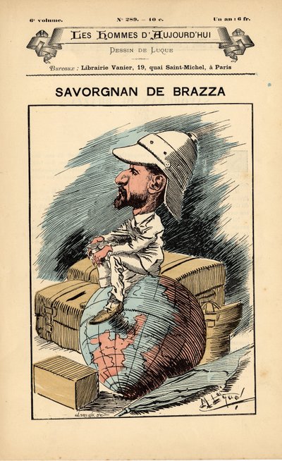 Forside av The People of Today, nummer 289, illustrasjon av Manuel Luque (1854-1919): Colonization Colonialism Colonies - Explorer, Pierre Savorgnan de Brazza (1852-1905) - Earth av Manuel Luque