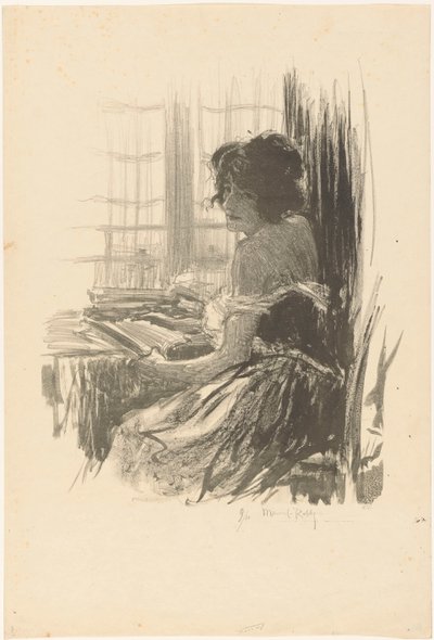 Kvinne leser bak et bord foran vinduet av Manuel Robbe (signed by artist)