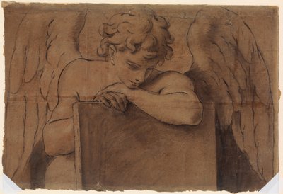 Tegneseriefragment for en engel som lener seg på et nettbrett eller en lukket bok, ca. 1690-95. av Marc Antonio Franceschini