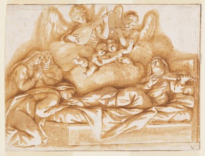 Design for et monokromt veggmaleri, Corpus Domini-kirken, Bologna, Italia, St. Caterina Vigris død av Marc Antonio Franceschini