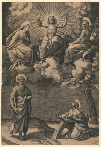 Jesus Kristus, jomfruen og døperen Johannes med de hellige Paulus og Katarina av Marc Antonio Raimondi
