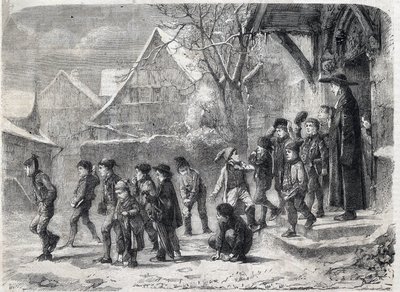 Ute av skolen om vinteren. Gravering etter et maleri av MB Vautier i "The Universe Illustrous" av Marc Louis Benjamin (after) Vautier