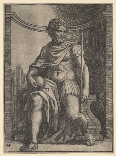 En romersk keiser som sitter i en nisje med en globus og septer og ser på sin..., ca. 1500-1534. av Marcantonio Raimondi
