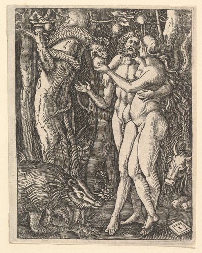 Adam og Eva med eple og slange, ca. 1500-1534. av Marcantonio Raimondi
