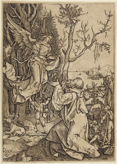 Engelen viser seg for Joakim, plate 2 fra Jomfru Marias liv av Marcantonio Raimondi