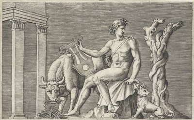 Apollo vokter flokken til Admetus Mytologiske representasjoner etter eldgamle basrelieffer (serietittel) av Marcantonio Raimondi
