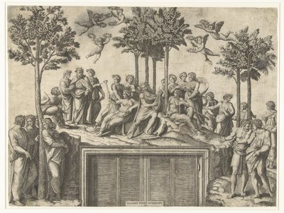 Apollo og muser på Mount Parnassus av Marcantonio Raimondi