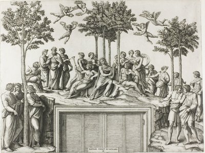 Apollo på Parnassus, omgitt av musene og poetene av Marcantonio Raimondi