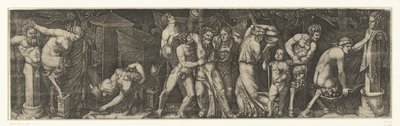 Bacchanal med en Drunken Bacchus, og Satyrs and Maenads av Marcantonio Raimondi