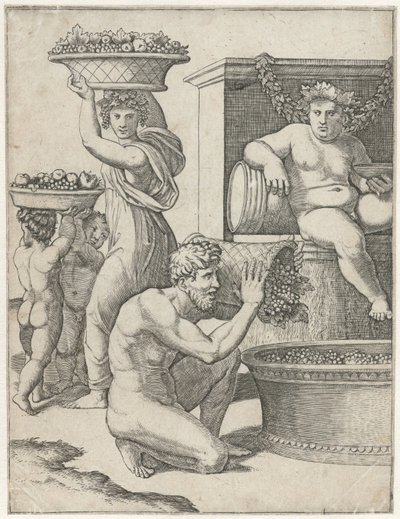 Bacchus ser på mens en mann og kvinne og to barn bærer kurver med druer for tilberedning av vin Vinlaging av Marcantonio Raimondi