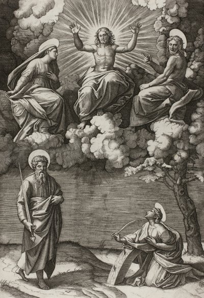 Kristus, jomfruen og døperen Johannes med de hellige Paulus og Katarina av Marcantonio Raimondi