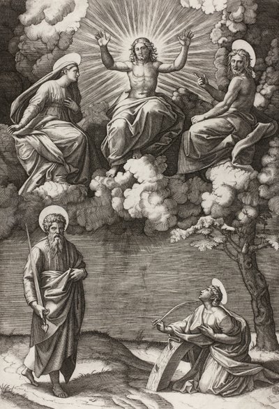 Kristus, jomfruen og døperen Johannes med de hellige Paulus og Katarina, 1520-25 av Marcantonio Raimondi