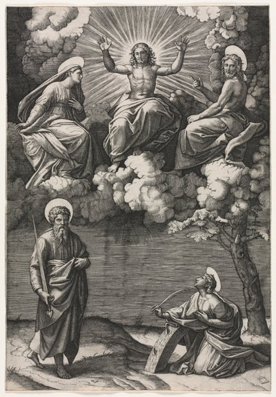 Kristus, jomfruen og døperen Johannes med de hellige Paulus og Katarina av Marcantonio Raimondi