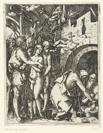 Kristus forlater helvete og frigjør patriarker og profeter og andre Passion of Christ (serietittel) av Marcantonio Raimondi
