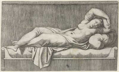 Cleopatra halvnaken liggende på sengen av Marcantonio Raimondi