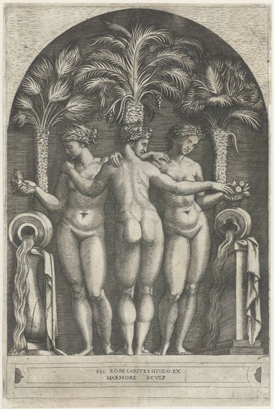 Three Graces står i en nisje foran tre palmetrær og flankert av mugger som det renner vann fra. av Marcantonio Raimondi