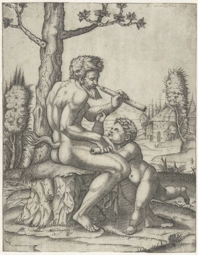 Faun med fløyte spiller med barn av Marcantonio Raimondi
