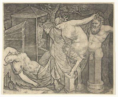 Fragment av Bacchanal med Satyr Woman og Herme og Sleeping Bacchante av Marcantonio Raimondi