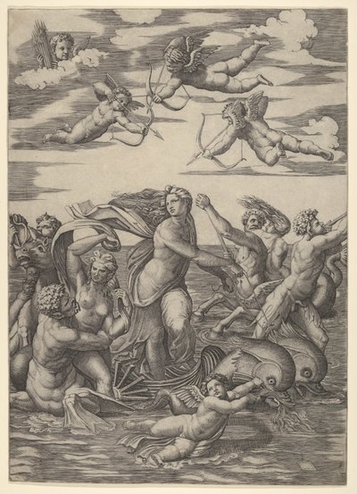 Galatea stående i en vannvogn trukket av to delfiner, omgitt av tritoner, nere..., 1515-16. av Marcantonio Raimondi