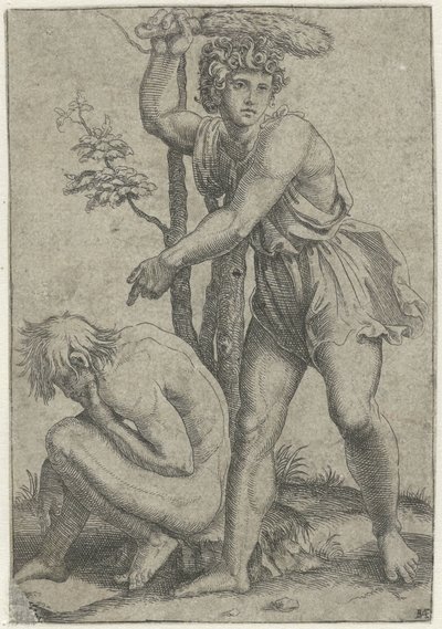 Naken mann på huk slått av mann med revehale av Marcantonio Raimondi