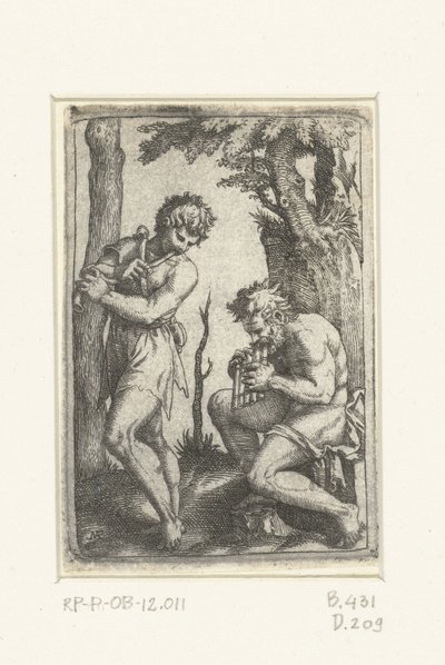 Ung gjeter med shawm og gammel gjeter med panfløyte av Marcantonio Raimondi